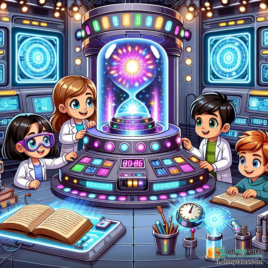 Illustrazione che rappresenta un laboratorio futuristico pieno di macchine straordinarie. Le pareti sono coperte di pannelli luminosi e schermi che mostrano grafici colorati. Al centro, una grande macchina del tempo scintilla con luci multicolori, circondata da strumenti scientifici e libri aperti. Nella scena, ci sono quattro bambini: una ragazza dai capelli castani, di circa otto anni, con un camice da laboratorio e occhiali protettivi, che guarda con meraviglia la macchina. Accanto a lei, un'altra ragazza bionda, anch'essa di otto anni, sorride felicemente tenendo un piccolo gadget futuristico. Un ragazzo dai capelli castani, di circa otto anni, è chinato su uno schermo, mentre tocca i pulsanti con curiosità. Infine, un altro ragazzo, con capelli neri e lentiggini, osserva attentamente un antico libro aperto su un tavolo. La scena principale mostra i bambini pronti ad attivare la macchina del tempo, impazienti di iniziare la loro avventura. Lampi di luce e scintille emanano dalla macchina, creando un'atmosfera magica ed emozionante. Sullo sfondo, poster di viaggi nel tempo e illustrazioni di diverse epoche aggiungono un tocco di immaginazione all'intera scena.