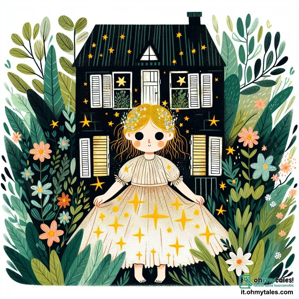 Une illustration destinée aux enfants représentant une jeune fille aux cheveux d'or, vêtue d'une robe usée mais ornée de petites étoiles scintillantes, qui vit dans une sombre maison aux volets délabrés, entourée d'une belle nature verdoyante et de fleurs colorées.