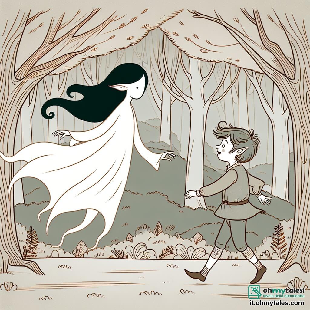 Une illustration destinée aux enfants représentant un fantôme fillette, flottant avec grâce dans une forêt enchantée où les arbres dansent au rythme du vent, accompagnée d'un jeune elfe garçon curieux et courageux.