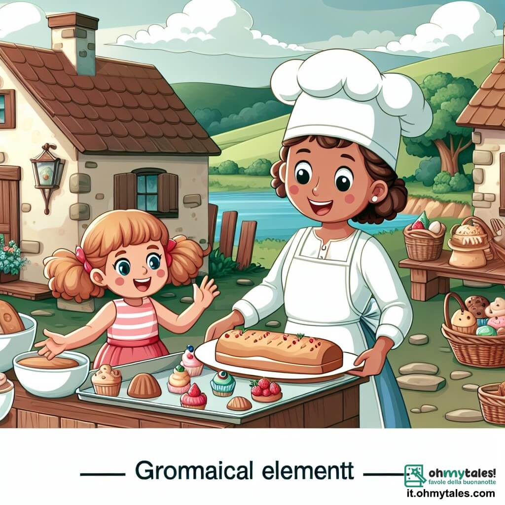 Une illustration destinée aux enfants représentant une jeune boulangère passionnée et curieuse, aidée par une fillette aux cheveux ricci, préparant des délices dans sa chaleureuse panetterie située dans un petit village entouré de collines verdoyantes.