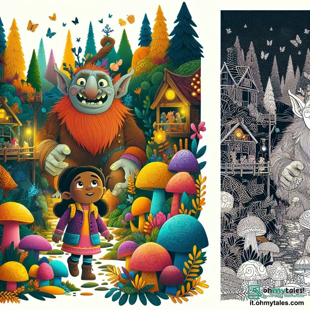 Une illustration destinée aux enfants représentant un troll imposant et gentil, une fillette curieuse et aventurière, découvrant un village magique caché au cœur d'une forêt enchantée, peuplé de créatures fantastiques aux couleurs vives et aux formes surprenantes.