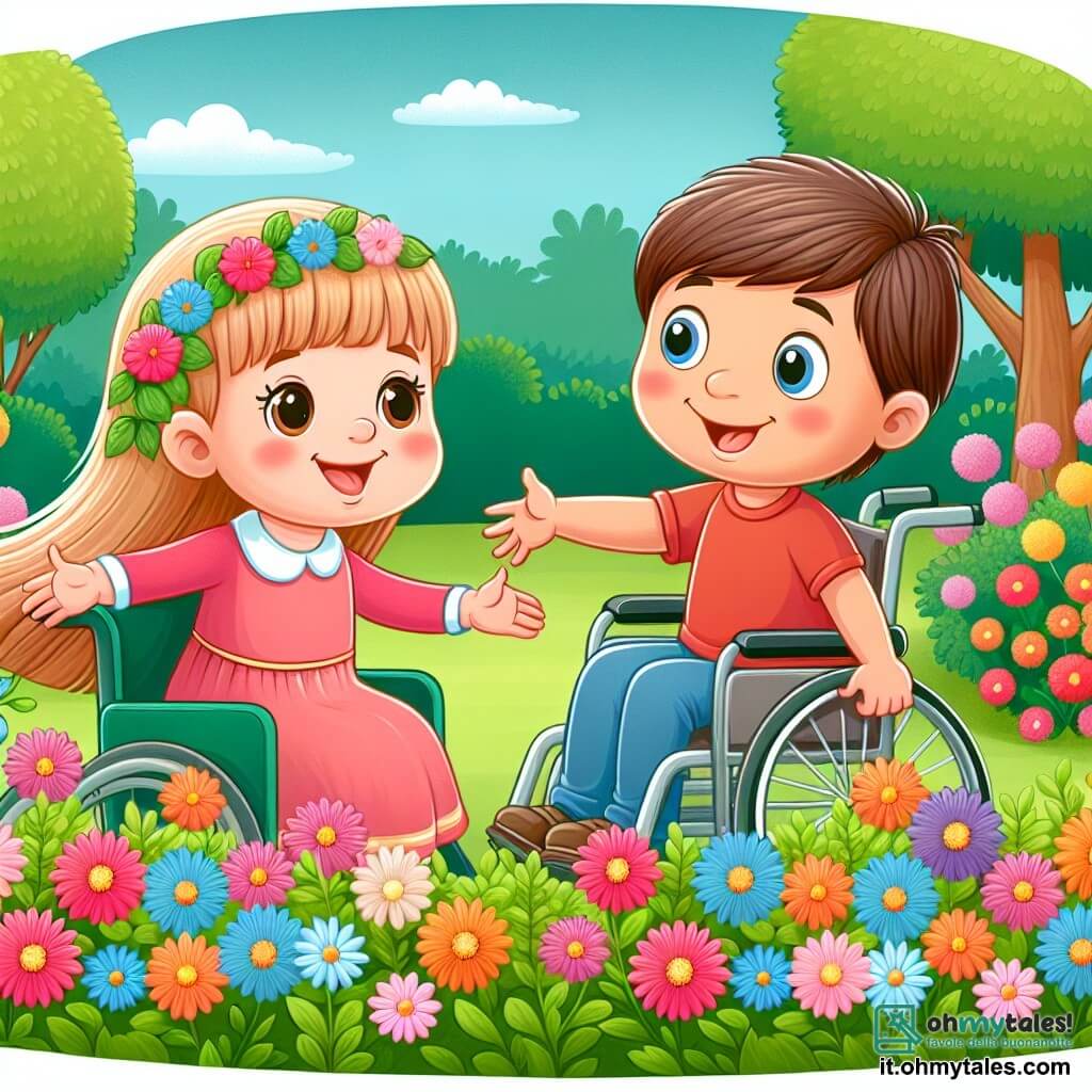Une illustration destinée aux enfants représentant une petite fille rayonnante, une situation d'amitié naissante avec un garçon en chaise roulante, dans un jardin coloré bordé de fleurs et d'arbres verdoyants.