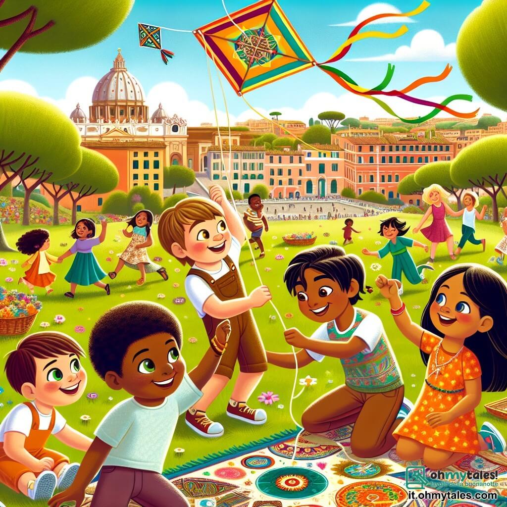 Illustrazione che rappresenta un parco soleggiato a Roma, con alberi verdi, fiori colorati e bambini che giocano felicemente. Al centro, un gruppo di bambini è riunito attorno a un aquilone che si alza nel cielo blu. Tra di loro, un ragazzo di 12 anni, con capelli castani e occhi scintillanti, sorride tenendo il filo dell'aquilone. Accanto a lui, una ragazza di 11 anni, con capelli lunghi e neri, indossa un vestito colorato e ride mentre cerca di far volare il suo aquilone. Un altro ragazzo di 10 anni, con pelle scura e capelli ricci, si distingue lanciando il suo aquilone con entusiasmo. La scena emana un'atmosfera di gioia e amicizia, simboleggiando l'amicizia tra bambini di diverse origini. Sullo sfondo, adulti chiacchierano e ridono, mentre snack tradizionali sono disposti su una coperta da picnic. Motivi culturali, come mandala e disegni colorati, decorano il suolo, rappresentando la diversità e l'unità.