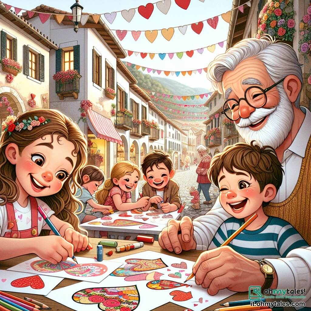 Une illustration sous forme de dessin destinée aux enfants représentant une charmante rue décorée pour la Saint-Valentin dans le petit village de Cuorefelice, avec une fille de 11 ans aux longs cheveux bruns et aux yeux pétillants, concentrée sur la création de cartes colorées en forme de cœur, entourée de ses amis : un garçon aux cheveux blonds et souriants qui tient un grand cœur en papier, et une fille aux cheveux bouclés et aux lunettes, qui dessine des motifs sur une carte, tous deux partageant des rires et de la joie, tandis qu'un vieux monsieur à la barbe blanche, le visage illuminé par un sourire, observe la scène avec tendresse, symbolisant l'esprit d'amitié et de partage de cette journée spéciale.