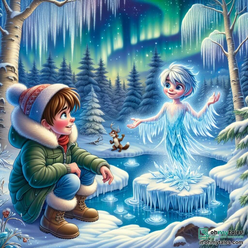 Illustrazione che rappresenta una foresta incantata in inverno, dove alberi maestosi sono coperti da uno spesso strato di neve scintillante. Al centro della scena, un ragazzo di 11 anni, con capelli castani e guance arrossate dal freddo, indossa un grande cappotto blu e un berretto rosso. Guarda con meraviglia un piccolo folletto dalle ali di ghiaccio, che brilla di una luce dolce e calda. Il folletto, con un sorriso malizioso, si trova su una pietra accanto a un piccolo stagno ghiacciato, circondato da cristalli di ghiaccio scintillanti. Sullo sfondo, aurore boreali illuminano il cielo, creando un'atmosfera magica. Il ragazzo tende la mano verso il folletto, come se volesse offrirgli un panino, simboleggiando lo spirito di condivisione e magia dell'inverno. Fiocchi di neve cadono dolcemente intorno a loro, aggiungendo un tocco fiabesco a questo incontro indimenticabile.