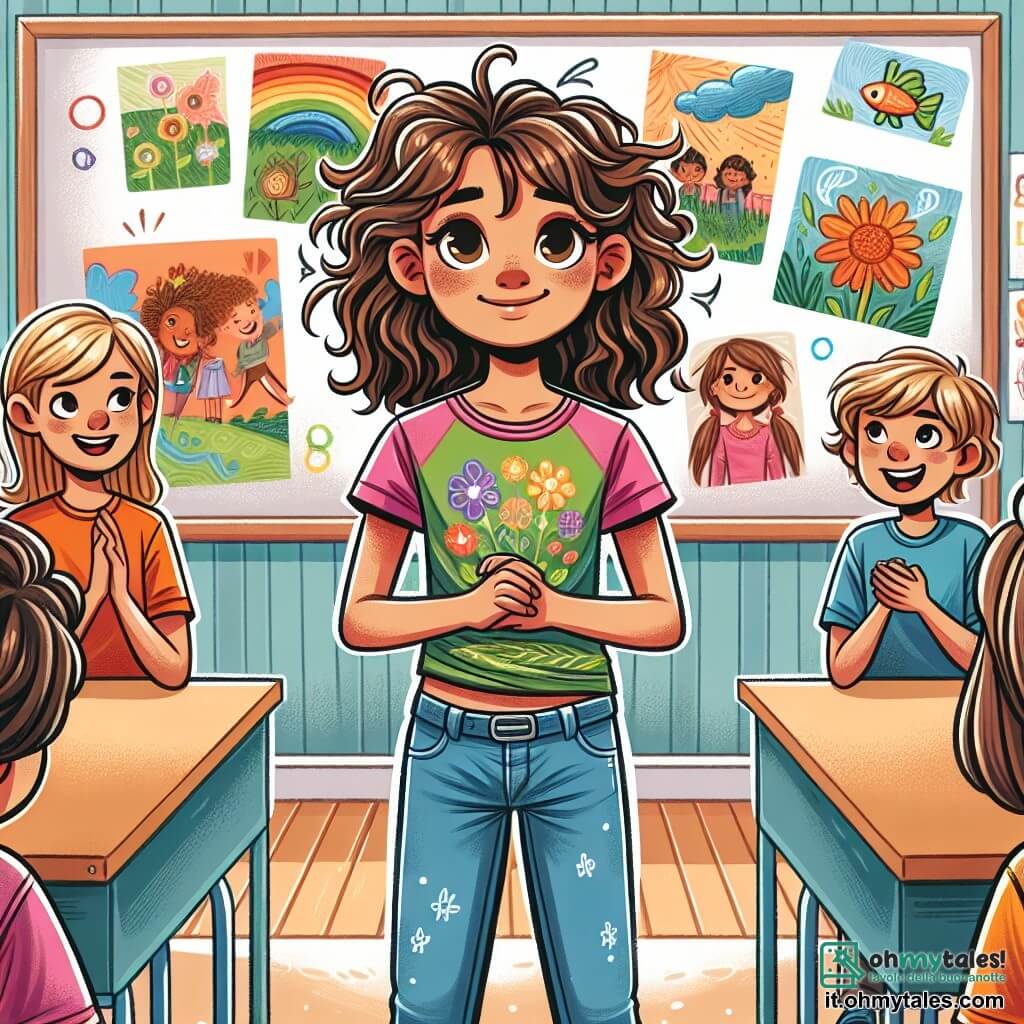 Une illustration sous forme de dessin destinée aux enfants représentant une salle de classe lumineuse avec des murs décorés de dessins d'enfants, où une fille de 11 ans aux cheveux bruns et bouclés, portant un t-shirt coloré et un jean, se tient debout devant ses camarades, les mains légèrement tremblantes mais le regard déterminé, tandis que deux amis, un garçon aux cheveux blonds et une fille aux cheveux châtains, l'encouragent avec des sourires chaleureux, illustrant le moment où elle surmonte sa peur de parler en public pour partager sa passion pour la nature et l'importance de la confiance en soi.