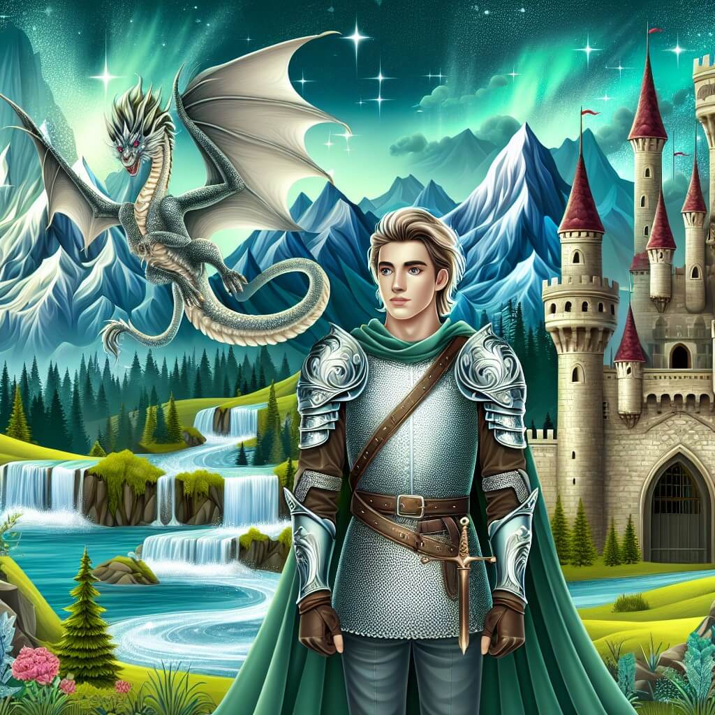 Une illustration destinée aux enfants représentant un jeune homme courageux, vêtu d'une armure étincelante, se tenant devant un imposant château en ruines, accompagné d'un dragon majestueux, dans un paysage montagneux parsemé de cascades scintillantes et de forêts mystérieuses.