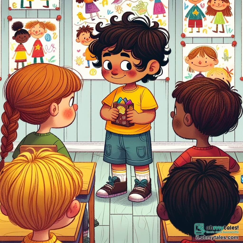 Une illustration sous forme de dessin destinée aux enfants représentant une salle de classe colorée avec des murs décorés de dessins d'enfants, où un garçon de 3 ans aux cheveux bouclés et noirs, portant un t-shirt jaune et un short bleu, se tient timidement devant ses camarades, tenant une petite boîte de biscuits, tandis que trois enfants, une fille aux cheveux longs et blonds en tresse, un garçon aux cheveux bruns et courts avec un t-shirt rouge, et un autre garçon aux cheveux châtains portant un pull vert, l'observent avec curiosité, illustrant le moment où le garçon avoue qu'il n'a apporté que trois biscuits au chocolat, entouré d'une atmosphère d'amitié et de compréhension.