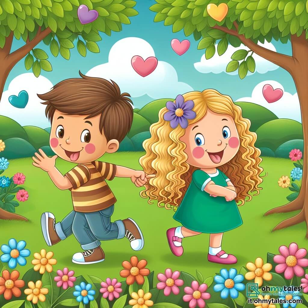 Une illustration destinée aux enfants représentant un petit garçon espiègle en train de jouer des tours à son amie, une fillette joyeuse aux boucles d'or, dans un parc verdoyant parsemé de fleurs multicolores et d'arbres aux feuilles en forme de coeur.