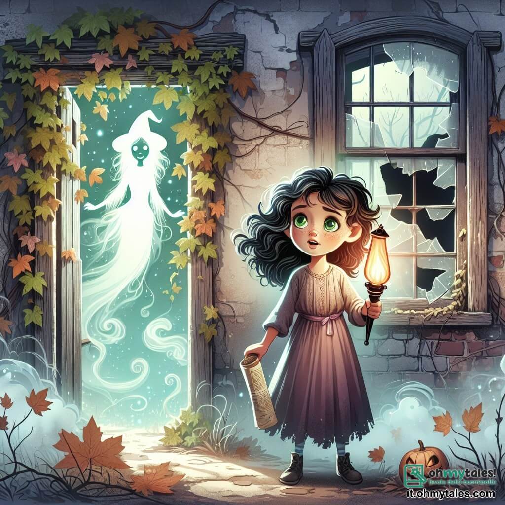 Illustrazione che rappresenta una vecchia casa abbandonata, con muri decrepiti coperti di edera, finestre rotte che lasciano filtrare una luce misteriosa e una porta di legno che scricchiola leggermente. In primo piano, una ragazza di 11 anni, con lunghi capelli neri ricci e occhi verdi scintillanti, tiene una torcia in una mano e un vecchio giornale nell'altra, mostrando un'espressione sia coraggiosa che curiosa. Sullo sfondo, un'ombra eterea, che rappresenta lo spirito di una giovane strega, fluttua vicino a una finestra, con lineamenti delicati e un sorriso rassicurante, come se incoraggiasse la ragazza ad andare avanti. La scena è avvolta in una leggera nebbia, creando un'atmosfera sia misteriosa che intrigante, mentre foglie secche danzano intorno a loro, aggiungendo un tocco di magia a questo momento di scoperta.