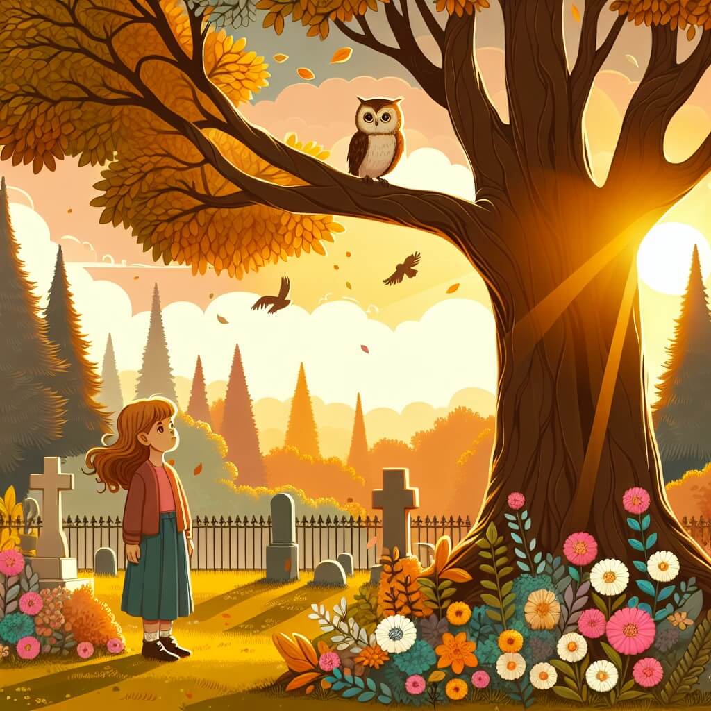 Une illustration destinée aux enfants représentant une jeune fille solitaire, debout près d'un arbre majestueux aux feuilles dorées, avec une petite chouette perchée sur une branche, dans un cimetière paisible et fleuri baigné par la lumière douce du soleil couchant.