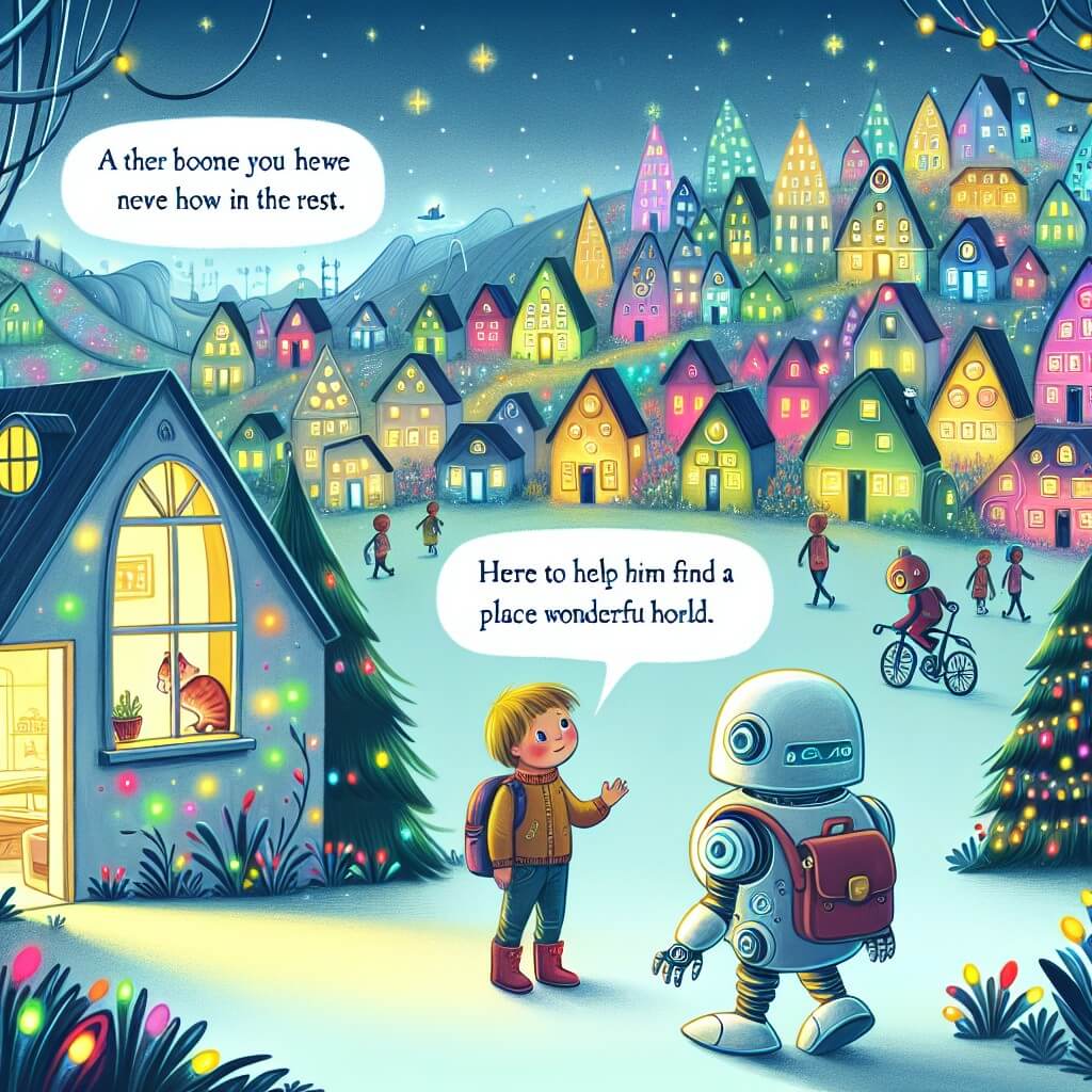 Une illustration destinée aux enfants représentant une jeune fille curieuse vivant dans une ville futuriste remplie de lumières multicolores, de maisons féériques et d'un ami robot, où elle rencontre un nouvel élève différent des autres et décide de l'aider à trouver sa place dans ce monde merveilleux.