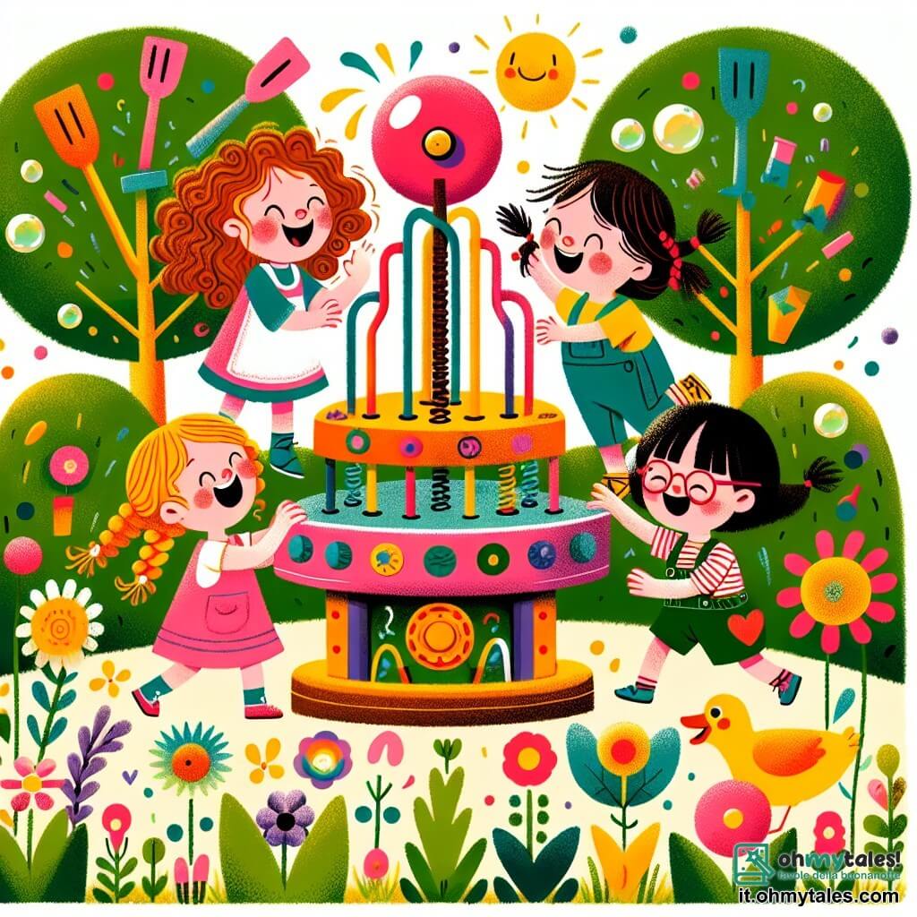 Illustrazione che rappresenta un parco soleggiato, pieno di fiori colorati e alberi con foglie verdi brillanti. Al centro, quattro bambine di quattro anni, tutte gioiose e sorridenti, stanno giocando intorno a una strana macchina colorata, fatta di remi, foglie e vecchi oggetti. La prima bambina, con i capelli castani e ricci, indossa un vestito rosa e ride mentre preme un grande pulsante rosso. La seconda, con i capelli biondi e lisci, è vestita con una maglietta gialla e salta in aria, circondata da bolle di sapone. La terza, con i capelli rossi e trecce, indossa una gonna blu e applaude ridendo, mentre la quarta, con i capelli neri e occhiali, indossa una salopette verde e guarda meravigliata una mucca rosa che balla accanto a loro. La scena è piena di coriandoli colorati che cadono dal cielo, mentre un grande papero giallo, con occhiali da sole, corre intorno a loro facendo rumori buffi. L'atmosfera è gioiosa e ludica, catturando lo spirito dell'amicizia e del riso.