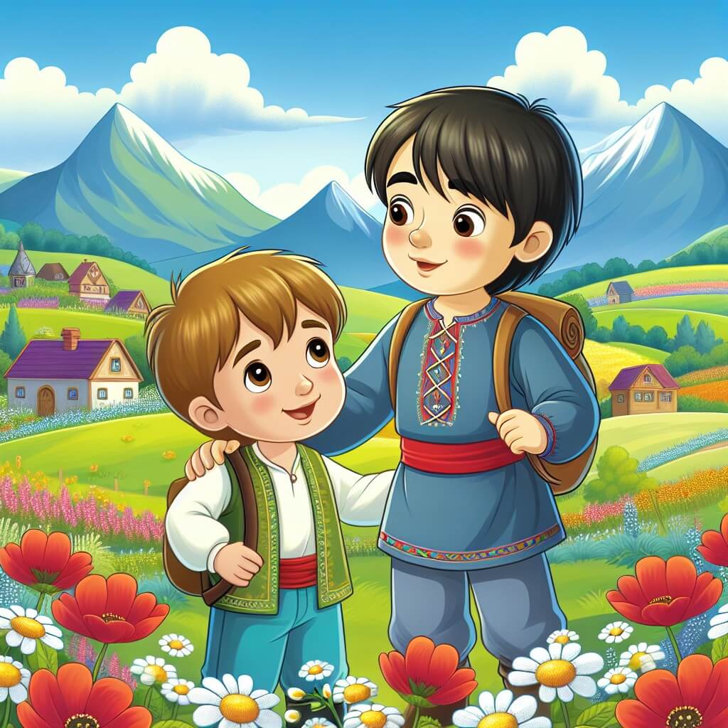 Une illustration destinée aux enfants représentant un jeune garçon curieux, accompagné d'un nouvel ami venu d'un pays lointain, dans une petite ville entourée de montagnes verdoyantes et de vastes champs fleuris.