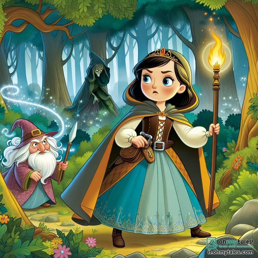 Une illustration destinée aux enfants représentant une princesse courageuse, se trouvant dans une forêt enchantée, accompagnée d'un petit follet sage, dans le but de affronter un maléfique stregone et protéger son royaume.