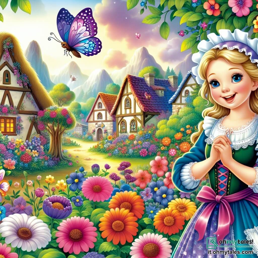 Une illustration destinée aux enfants représentant une femme au sourire radieux, se tenant dans un magnifique jardin rempli de fleurs colorées, accompagnée d'une farfalla magica violette, dans un village entouré d'un bois enchanté.