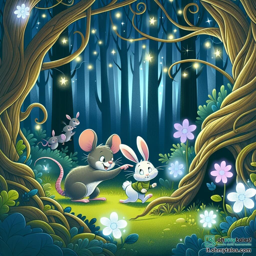 Une illustration destinée aux enfants représentant une souris malicieuse qui fait des farces à un lapin timide dans une forêt enchantée aux arbres tordus et aux fleurs lumineuses.