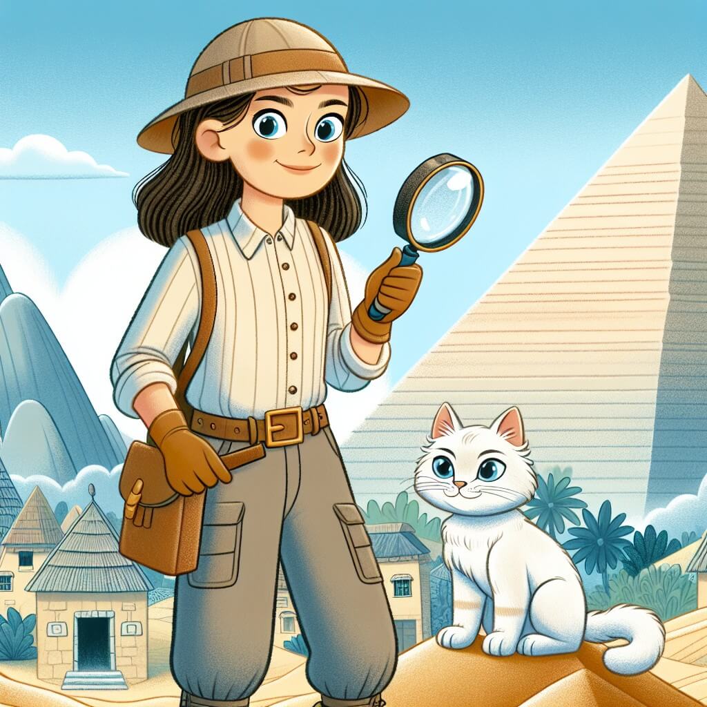 Une illustration destinée aux enfants représentant une jeune femme intrépide, vêtue d'une chemise à manches longues et d'un pantalon confortable, tenant une loupe d'exploratrice, découvrant une ancienne pyramide ensablée dans un village reculé entouré de montagnes et de collines, avec un adorable chaton blanc aux yeux bleus à ses côtés.