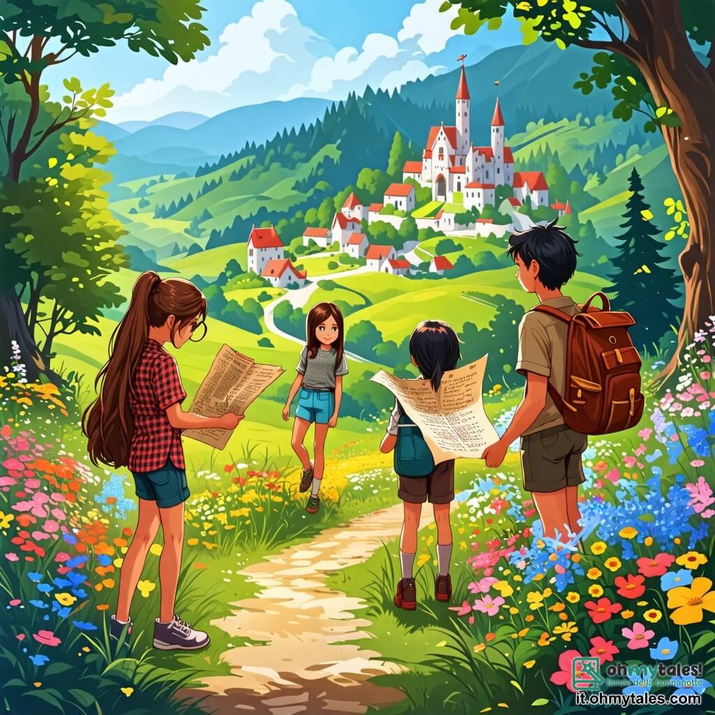 Une illustration sous forme de dessin destinée aux enfants représentant une vallée enchantée aux fleurs colorées et aux arbres majestueux, où une fille de 8 ans aux longs cheveux bruns et aux yeux pétillants, vêtue d'une chemise à carreaux et d'un short, tient une vieille carte au trésor, entourée de trois amis : un garçon aux cheveux noirs et au sourire éclatant qui pointe vers un chemin, une fille aux cheveux blonds et aux lunettes rondes qui examine une boussole, et un garçon costaud aux cheveux bruns qui porte un grand sac à dos, tous prêts à partir à l'aventure pour découvrir le trésor caché.