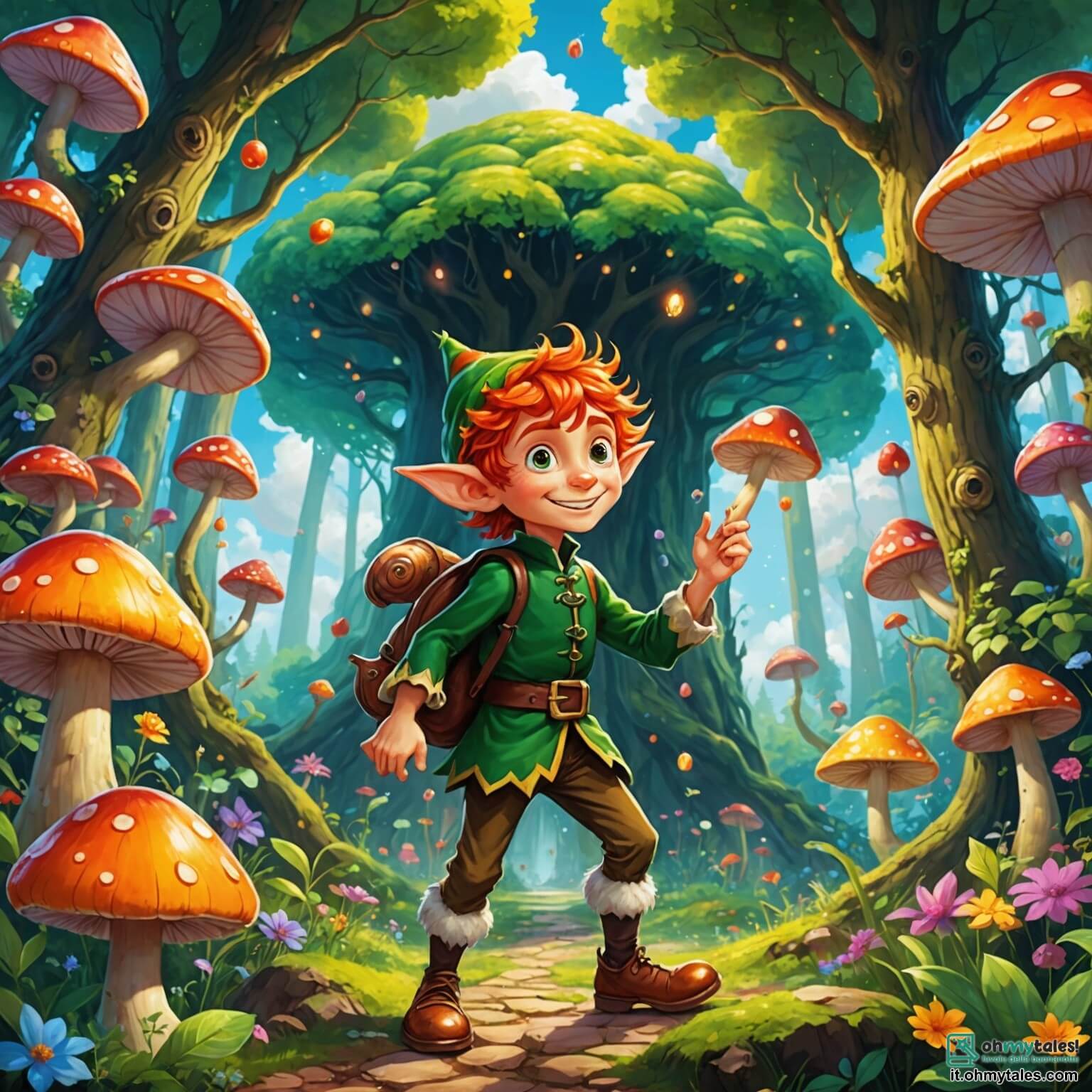 Une illustration destinée aux enfants représentant un lutin espiègle aux cheveux flamboyants et aux yeux pétillants de malice, qui se trouve dans une forêt enchantée où les arbres géants aux troncs spirales s'élèvent vers un ciel parsemé de nuages cotonneux, entouré de fleurs chantantes aux couleurs vives et de champignons dansants, tandis qu'il tente de retrouver une tortue rigolote, son amie à la carapace multicolore, qui s'est cachée derrière un buisson de baies scintillantes, le tout sous le regard amusé de petits oiseaux aux plumes arc-en-ciel qui volent en cercle au-dessus d'eux.