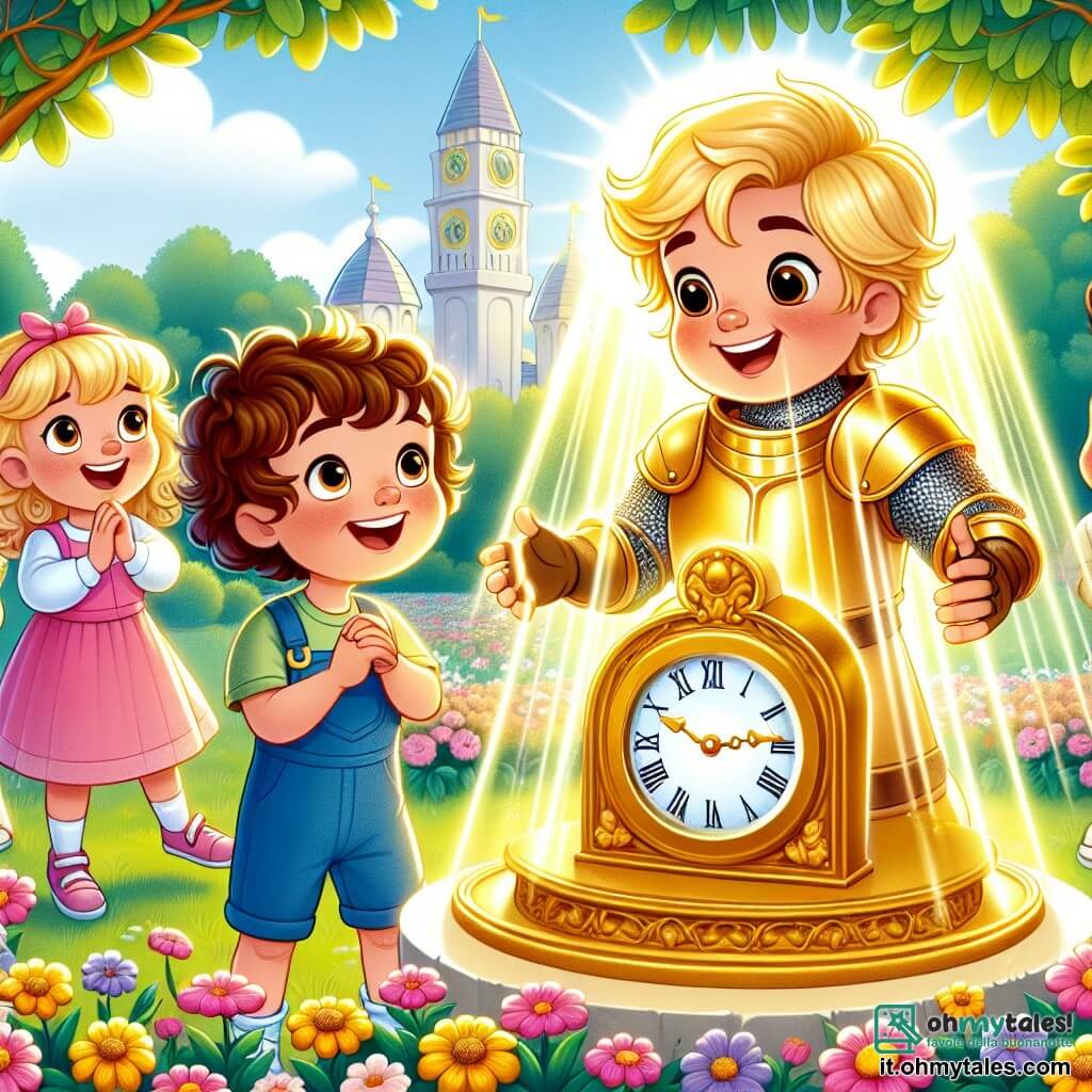 Une illustration sous forme de dessin destinée aux enfants représentant un parc ensoleillé rempli de fleurs colorées, où un groupe de trois enfants de 5 ans, deux filles aux cheveux bouclés et blonds, l'une portant une robe rose et l'autre une salopette bleue, ainsi qu'un garçon aux cheveux bruns et courts en t-shirt vert, se tiennent émerveillés autour d'un ancien orologio doré, tandis qu'un jeune chevalier en armure scintillante, avec un grand sourire, les invite à une aventure magique dans le temps, le tout baigné d'une lumière dorée et joyeuse, symbolisant l'innocence et l'émerveillement de l'enfance.