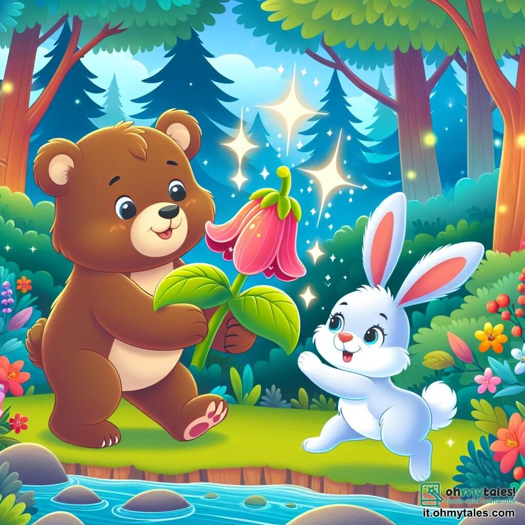 Une illustration destinée aux enfants représentant un ourson espiègle et curieux découvrant une plante de marmellata magique, accompagné de sa meilleure amie, une petite lepre sautillante, dans un bosco incantato aux arbres colorés et aux rivières scintillantes.