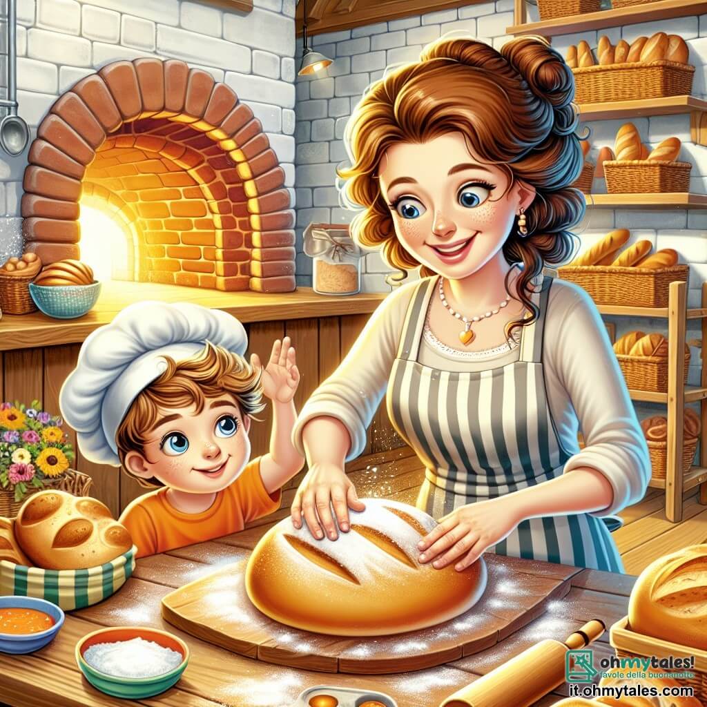 Illustrazione che rappresenta un'affascinante panetteria in legno, con una grande vetrina piena di pani dorati e dolci colorati. All'interno, una donna dai capelli castani ricci, con un grembiule a righe e un sorriso caloroso, sta impastando della pasta per pane su un grande piano di lavoro in legno. Ha occhi scintillanti e guance rosate, che testimoniano la sua passione per la panificazione. Accanto a lei, un ragazzino di circa 8 anni, con i capelli biondi in disordine e occhi curiosi, osserva attentamente. Indossa un piccolo grembiule troppo grande per lui, e le sue mani sono coperte di farina. Sembra impaziente ed entusiasta, pronto ad apprendere i segreti della produzione del pane. La scena mostra la donna che spiega con entusiasmo gli ingredienti mentre mostra una bella palla di pasta lievitata. Sullo sfondo, il forno in mattoni emana un dolce calore, e raggi di sole filtrano attraverso la finestra, illuminando la farina nell'aria. Piccoli dettagli come sacchi di farina impilati, utensili da cucina in legno e fiori in un vaso aggiungono un tocco di vita a questa atmosfera calda e accogliente.