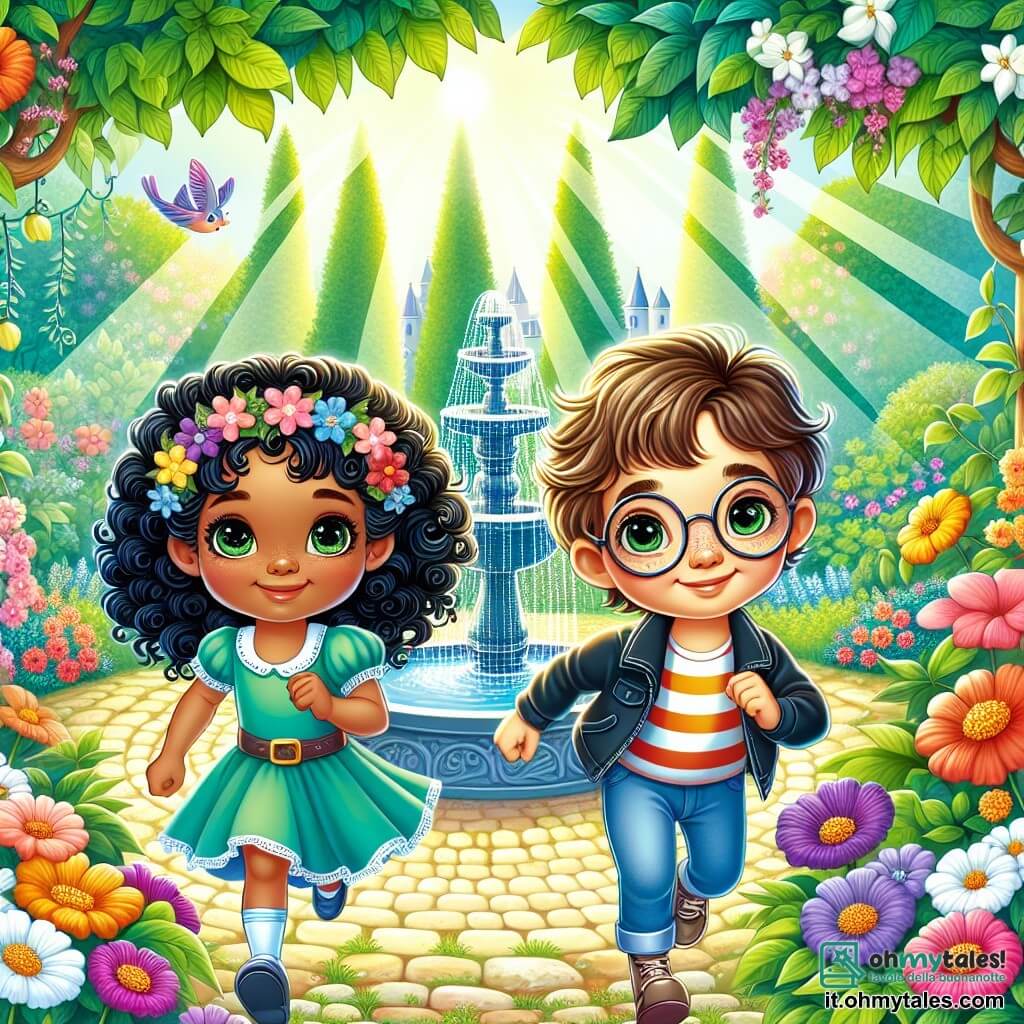 Une illustration sous forme de dessin destinée aux enfants représentant un jardin secret enchanteur, rempli de fleurs colorées et d'une petite fontaine, où une fille de 11 ans aux cheveux bouclés et noirs, avec des yeux verts pétillants, sourit joyeusement en jouant avec un garçon timide aux lunettes épaisses et au sourire doux, alors qu'ils s'entraînent ensemble à courir, symbolisant la confiance en soi et l'amitié, entourés de rayons de soleil filtrant à travers les feuilles des arbres.