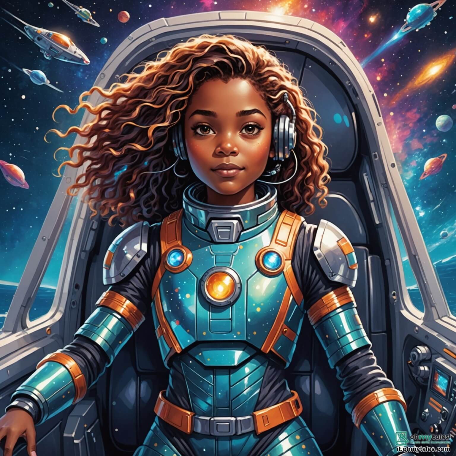 Une illustration destinée aux enfants représentant une femme intrépide aux cheveux scintillants comme des étoiles, vêtue d'une combinaison spatiale étincelante, se tenant fermement dans le cockpit de son astronave colorée, prête à naviguer à travers un océan de galaxies étincelantes, tandis qu'à ses côtés, un petit robot aux yeux pétillants et au corps métallique brillant, à la personnalité espiègle, l'encourage avec des clignotements lumineux, alors qu'ils s'apprêtent à explorer un mystérieux planétoïde aux paysages enchanteurs, où des montagnes de cristal se dressent sous un ciel violet parsemé de comètes filantes et de nébuleuses colorées, tout en cherchant une ancienne civilisation perdue dans les méandres de l'univers.