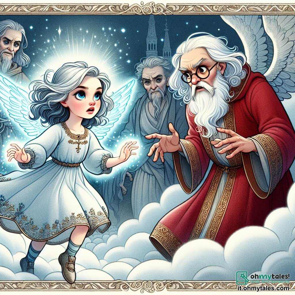 Une illustration destinée aux enfants représentant une jeune fille aux cheveux argentés brillants, dotée de pouvoirs magiques, affrontant un mystérieux ennemi maléfique aux côtés d'un sage mentor aux yeux savants, dans la cité céleste de Luminaria, entre les nuages les plus hauts du ciel.