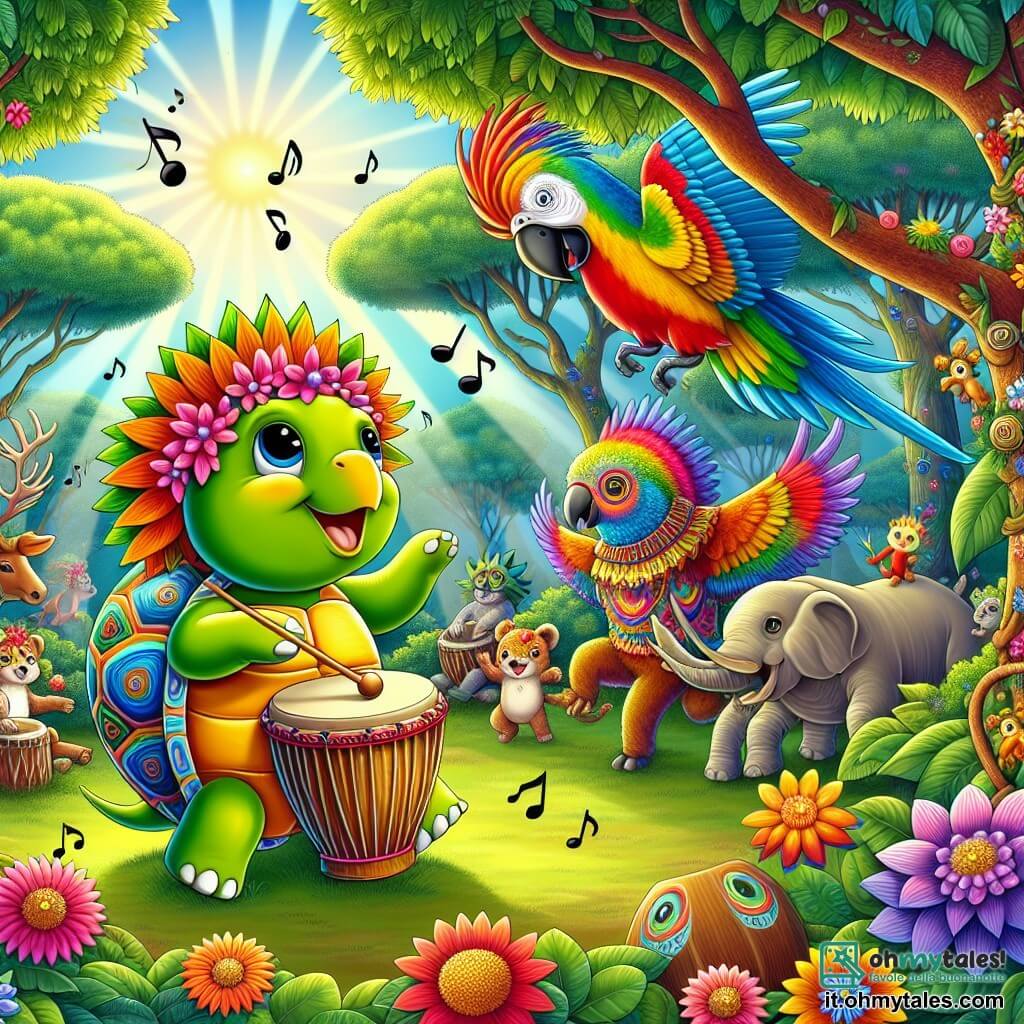 Illustrazione che rappresenta una scena gioiosa in una giungla colorata, con alberi maestosi dalle foglie verdi brillanti e fiori dai toni vivaci come rosso, giallo e blu. Al centro dell'immagine, una tartaruga con un guscio lucido decorato con motivi colorati, con grandi occhi scintillanti di curiosità, danza felicemente indossando una maschera da clown. Accanto a lei, un pappagallo dal piumaggio splendente, con penne verdi, gialle e rosse, vola in cerchio, ridendo e incoraggiando la tartaruga a divertirsi. Sullo sfondo, un gruppo di animali, come una scimmia e un bufalo, si diverte, alcuni suonando tamburi di legno, altri ballando con costumi colorati. La scena emana un'atmosfera di festa e di amicizia, piena di risate e musica, con note che fluttuano nell'aria e raggi di sole che filtrano tra le foglie.