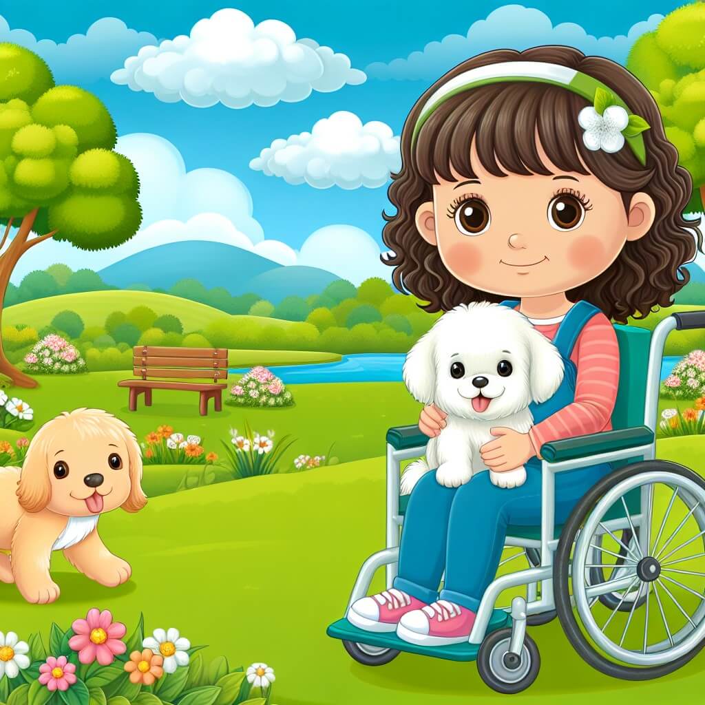 Une illustration destinée aux enfants représentant une jeune fille aux cheveux bouclés, assise dans une chaise roulante, accompagnée d'un adorable chiot, dans un parc verdoyant avec des arbres fleuris et un magnifique ciel bleu.