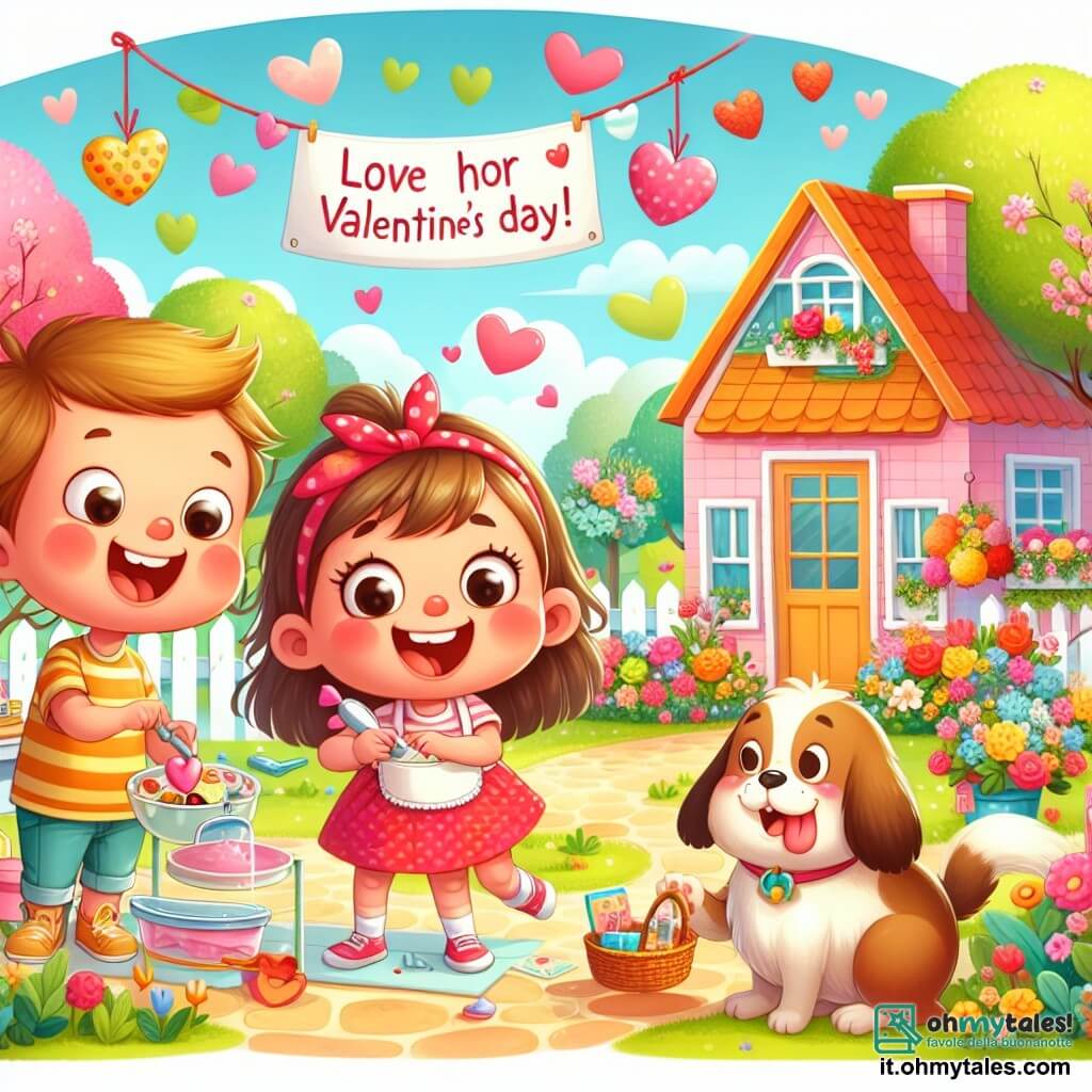 Une illustration destinée aux enfants représentant une fillette pleine d'énergie préparant une surprise de Saint-Valentin pour ses parents, avec un gentil chien joufflu à ses côtés, dans une maison colorée près d'un grand parc en fleurs.