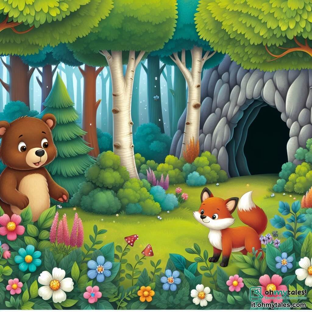 Une illustration destinée aux enfants représentant un ourson curieux explorant une mystérieuse grotte magique en compagnie d'une malicieuse renarde, dans une forêt luxuriante aux arbres touffus et aux fleurs multicolores.