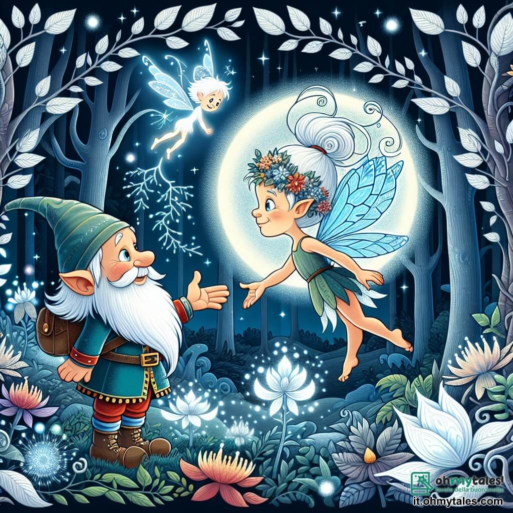 Une illustration destinée aux enfants représentant un lutin malicieux, une fée lumineuse et bienveillante, dans une forêt enchantée aux arbres aux feuilles d'argent et aux fleurs phosphorescentes, située au cœur du Royaume des Esprits.