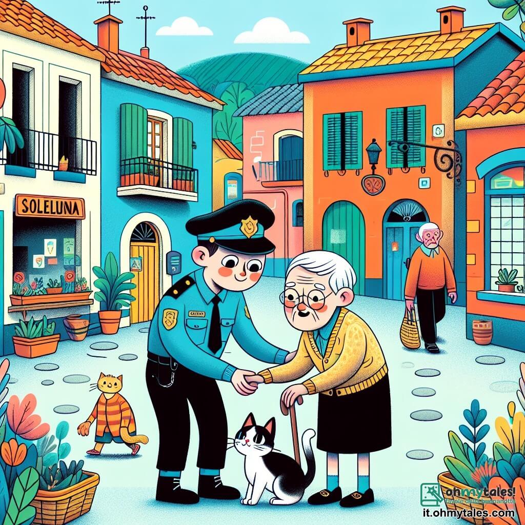 Une illustration destinée aux enfants représentant un jeune garçon en uniforme de policier, aidant une vieille dame à retrouver son chat perdu, dans les rues animées et colorées de la petite ville de Soleluna.