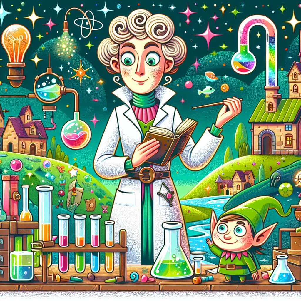 Une illustration destinée aux enfants représentant une femme inventive et excentrique, au milieu d'un laboratoire rempli d'objets étranges et colorés, accompagnée d'un petit elfe espiègle, dans un village entouré de collines verdoyantes et de rivières scintillantes.