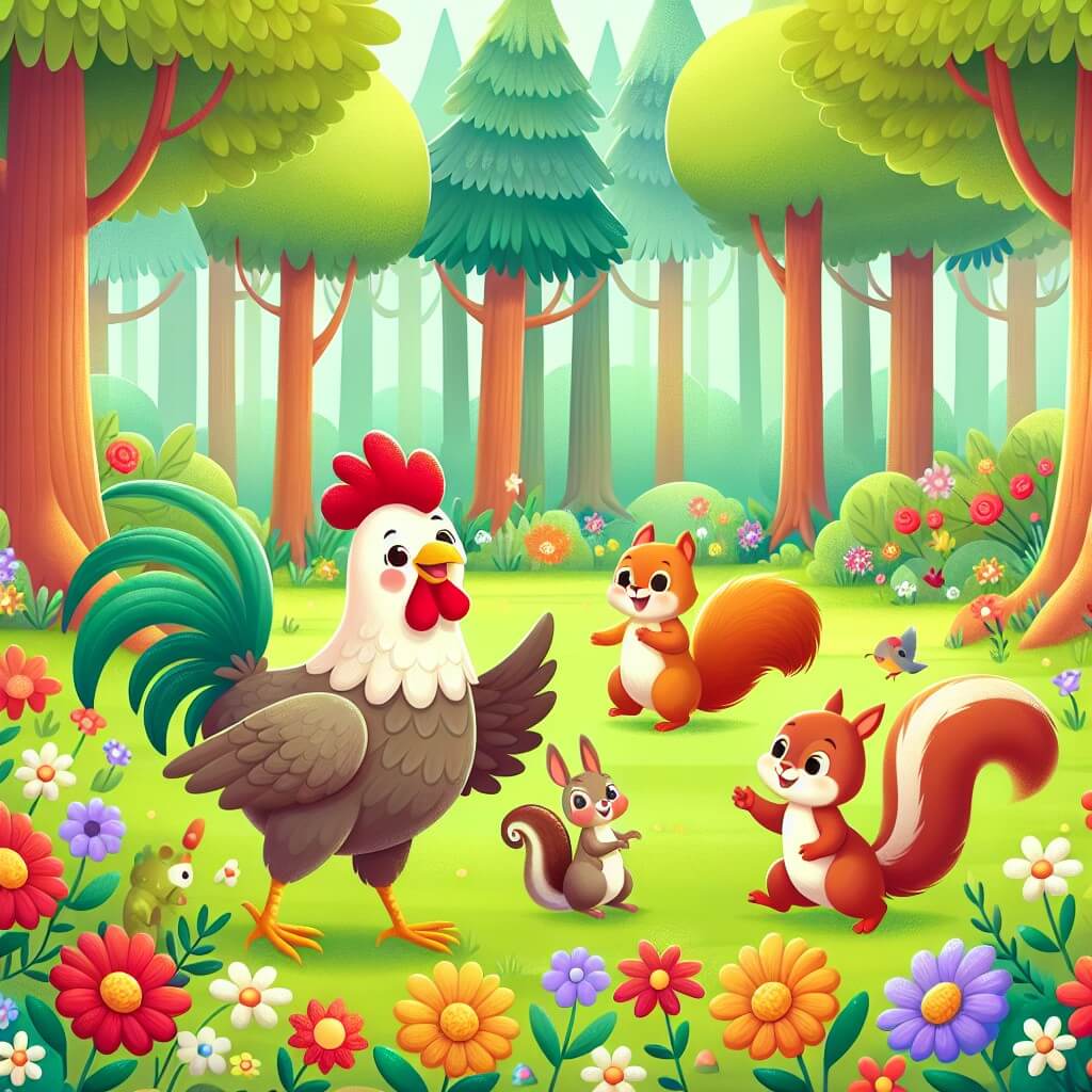 Une illustration destinée aux enfants représentant une joyeuse poule dans un champ fleuri qui fait la connaissance d'un curieux écureuil dans une forêt enchantée remplie de grands arbres majestueux et de petits animaux espiègles.