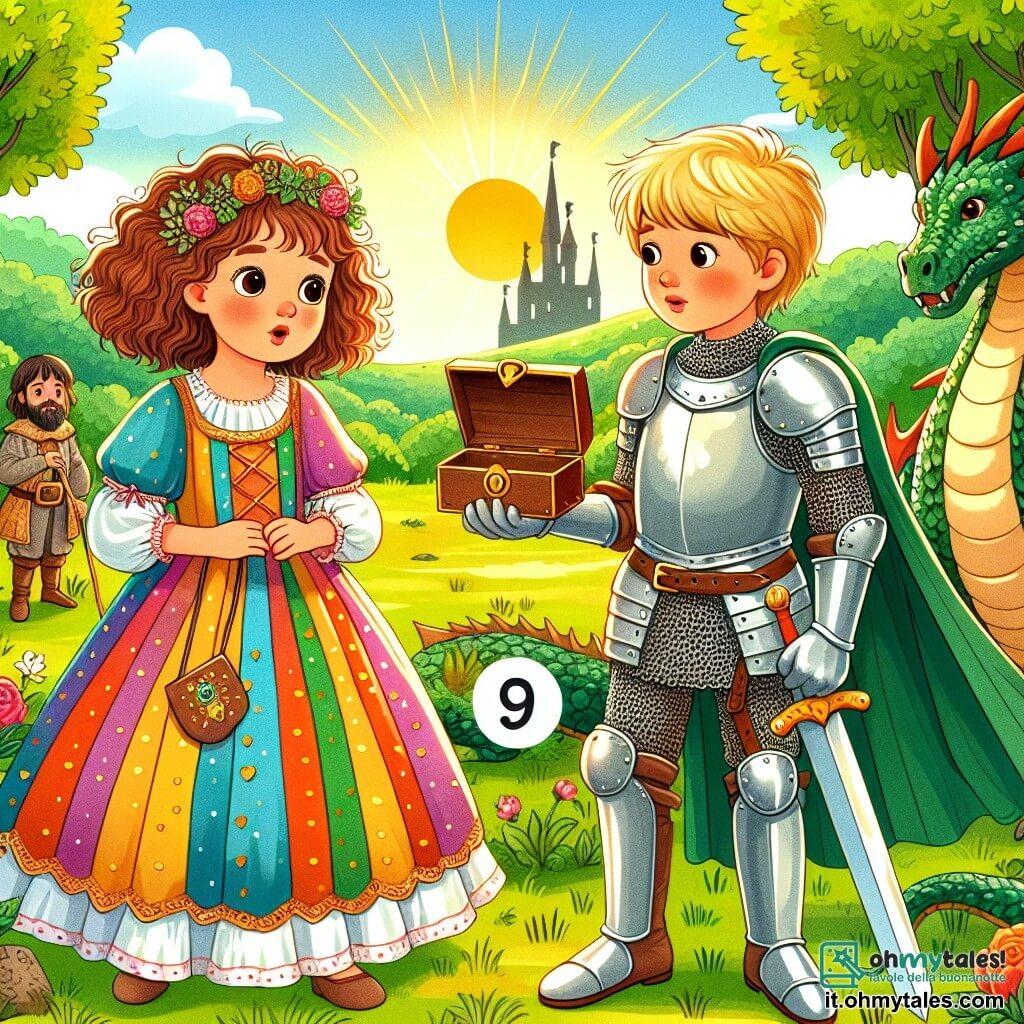 Une illustration sous forme de dessin destinée aux enfants représentant une radieuse clairière ensoleillée, où une fille de 9 ans aux cheveux châtains et bouclés, vêtue d'une robe colorée, tient une petite boîte en bois ornée de symboles mystérieux, tandis qu'à ses côtés se tient un jeune garçon aux cheveux blonds, vêtu d'une armure de chevalier, qui regarde avec émerveillement un majestueux dragon aux écailles vertes et brillantes, tous trois se préparant à vivre une aventure incroyable dans le temps pour sauver un château menacé.