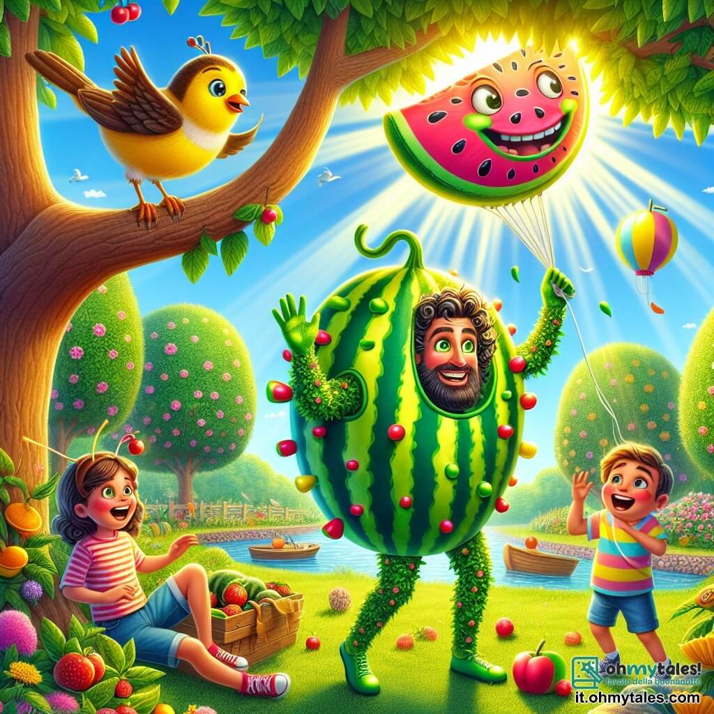 Illustrazione che rappresenta un parco soleggiato con alberi verdi e fiori colorati, dove un grande pallone gonfiabile a forma di pesce è incastrato tra i rami di un albero. Al centro della scena, un uomo dai capelli ricci e dal sorriso splendente, vestito con un costume colorato fatto di foglie verdi e motivi di frutta, cerca di trasformarsi in un uccello per salvare il pallone. Nelle vicinanze, un gruppo di tre bambini, due ragazzi di circa 8 anni con t-shirt a righe e una ragazza di 7 anni con un vestito a fiori, ridono osservando la situazione comica. L'uomo, con un'espressione determinata ma divertita, si concentra per usare i suoi poteri, mentre i bambini indicano e scoppiano a ridere davanti alla sua trasformazione in un grande cocomero. I raggi di sole illuminano la scena, aggiungendo un'atmosfera gioiosa e ludica all'illustrazione.