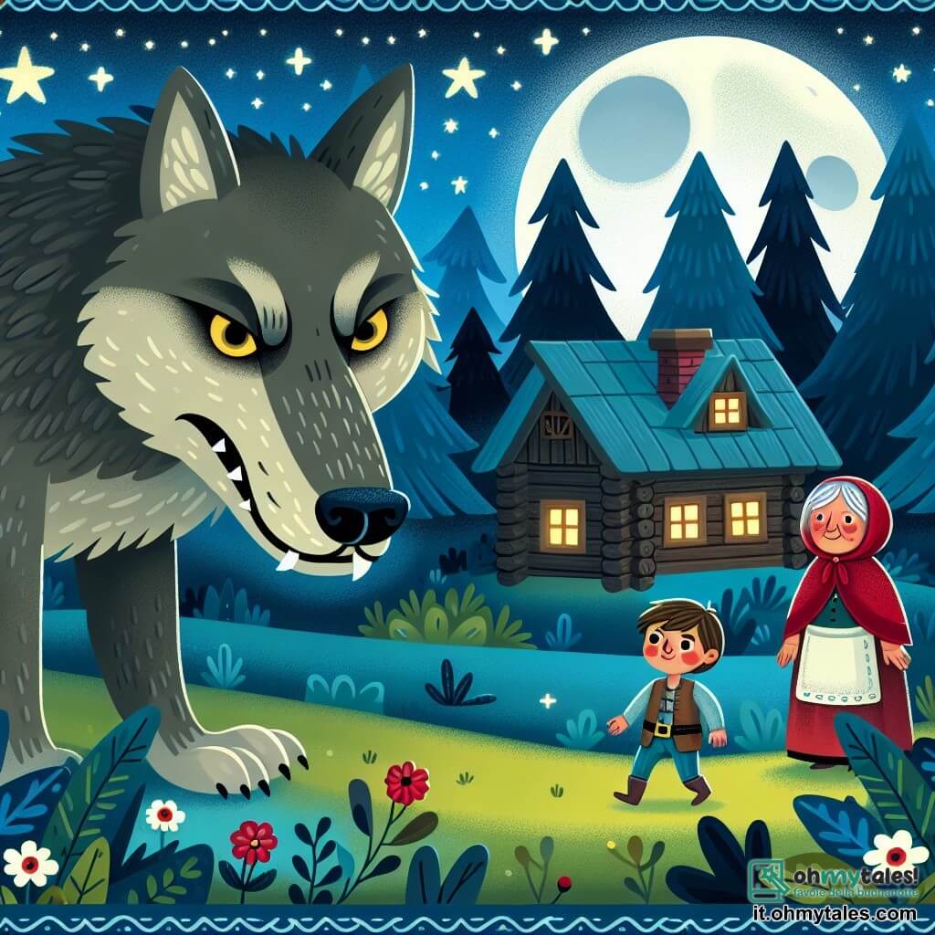 Une illustration destinée aux enfants représentant un garçon courageux affrontant un grand méchant loup dans une forêt sombre et mystérieuse, avec en arrière-plan une petite maison en bois et une lune brillante dans le ciel étoilé, accompagné de sa grand-mère bienveillante.