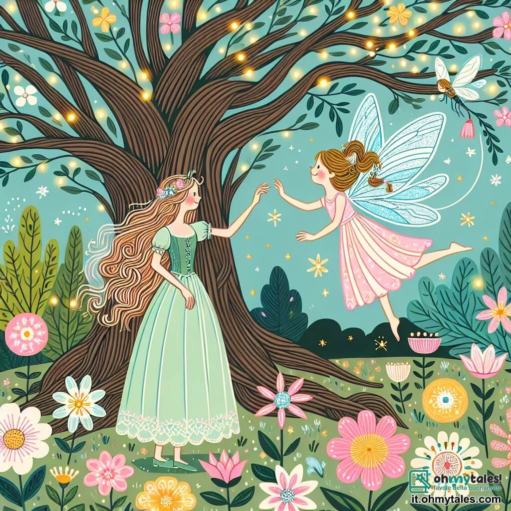 Une illustration sous forme de dessin destinée aux enfants représentant un jardin enchanté, rempli de fleurs colorées et de lucioles scintillantes, où une jeune femme aux cheveux longs et ondulés, vêtue d'une robe légère aux teintes pastel, explore avec émerveillement un arbre majestueux aux racines entrelacées, tandis qu'une petite fée aux ailes brillantes, avec une robe faite de pétales de fleurs, vole autour d'elle en souriant, créant une atmosphère magique de découverte et d'amitié dans un monde où les rêves prennent vie.