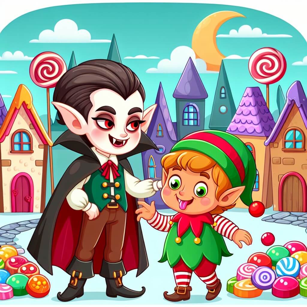 Une illustration destinée aux enfants représentant un vampire espiègle et farceur, accompagné d'un adorable lutin, dans un village enchanté rempli de bonbons colorés et de maisons en forme de sucreries.