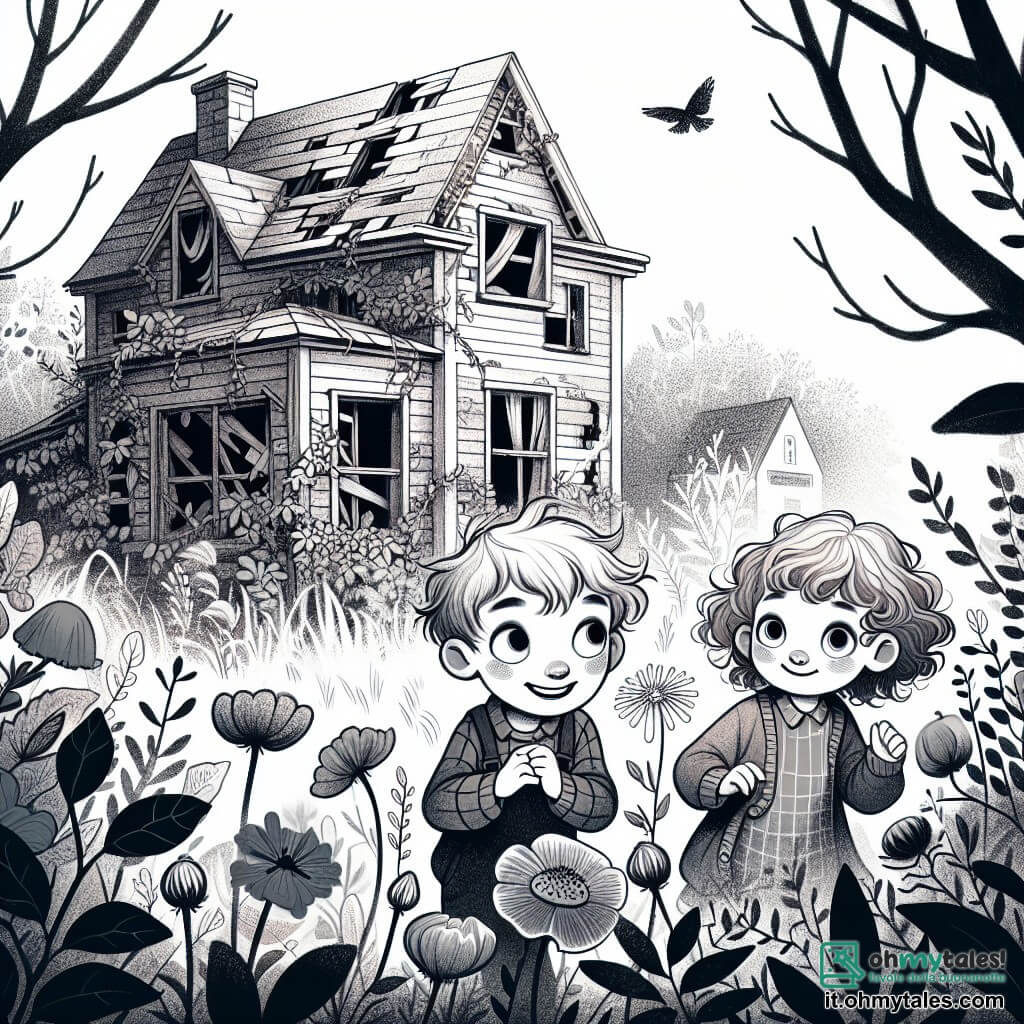 Une illustration destinée aux enfants représentant un garçon malicieux et curieux, accompagné d'une fille timide aux cheveux bouclés, explorant une maison abbandonée aux murs craquelés et aux fenêtres voilées par les rideaux déchirés, cachée au milieu d'un jardin sauvage envahi par les ronces et les fleurs fanées.