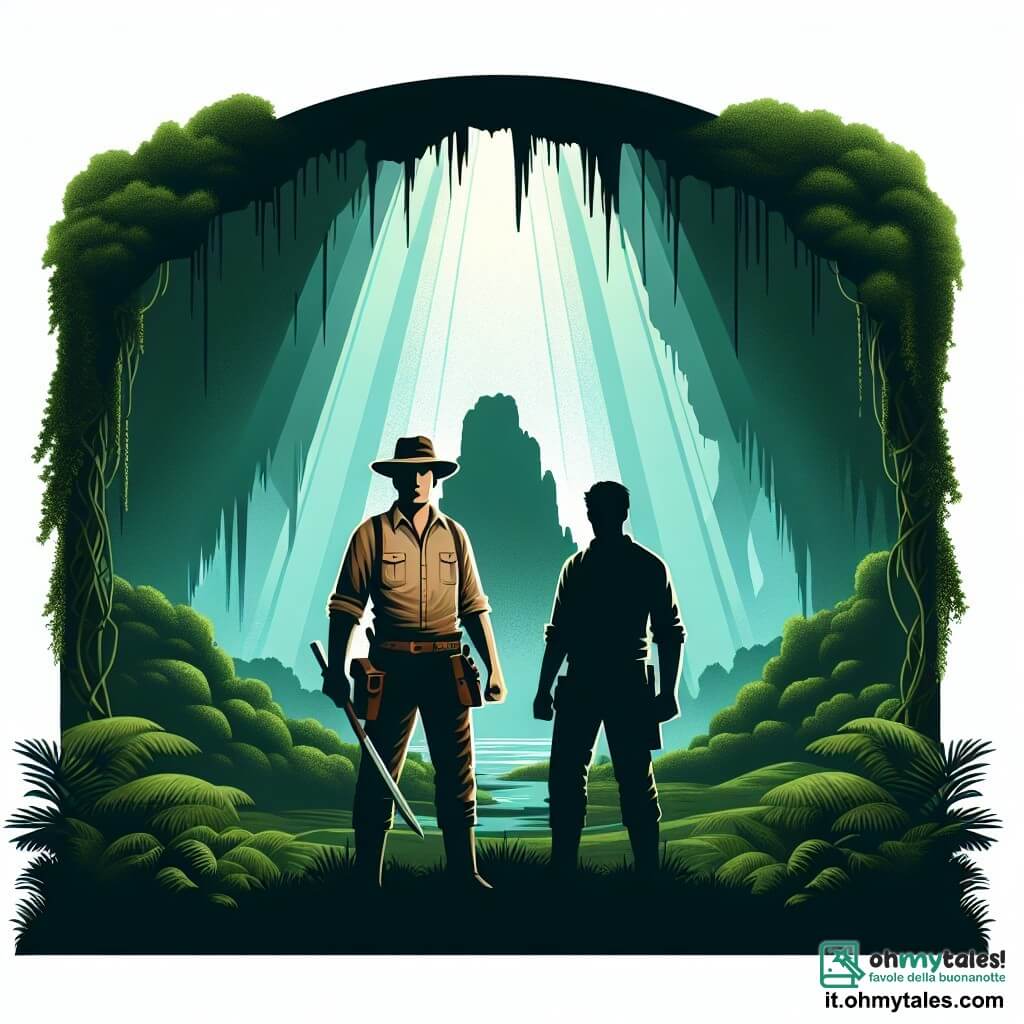 Une illustration destinée aux enfants représentant un courageux explorateur vêtu d'une chemise beige et d'un chapeau de cuir, se tenant devant l'entrée majestueuse d'une grotte mystérieuse, accompagné d'un fidèle compagnon à la silhouette robuste, dans une forêt dense et sombre où les rayons du soleil filtrent à travers les feuilles émeraude.