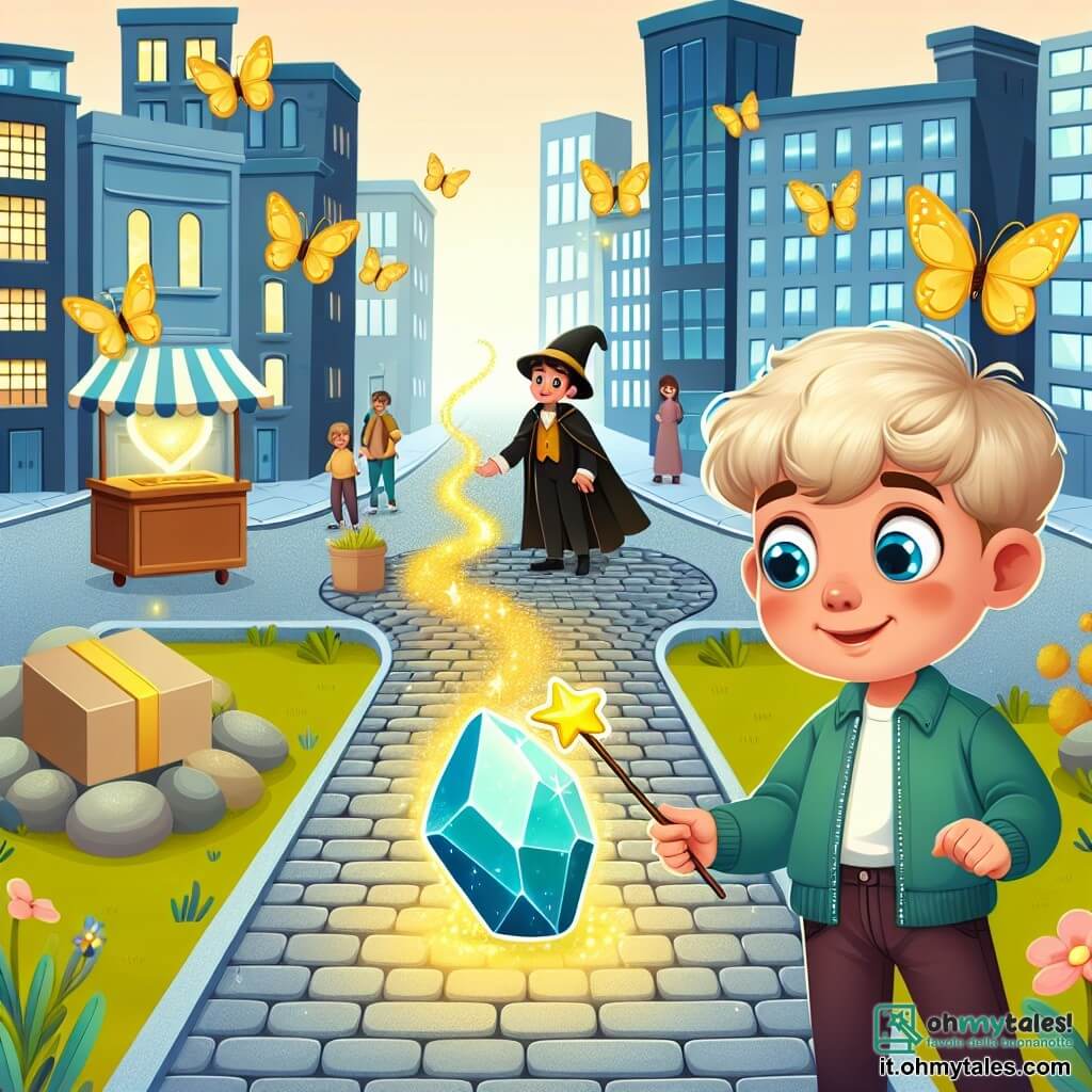 Une illustration destinée aux enfants représentant un garçon aux yeux brillants découvrant une mystérieuse pierre lumineuse dans un parc magique, accompagné d'un vendeur de bacchette, sur une étroite et lastricata Via Magica, entourée d'édifices modernes et de personnes aux ailes de papillon suspendues dans l'air.