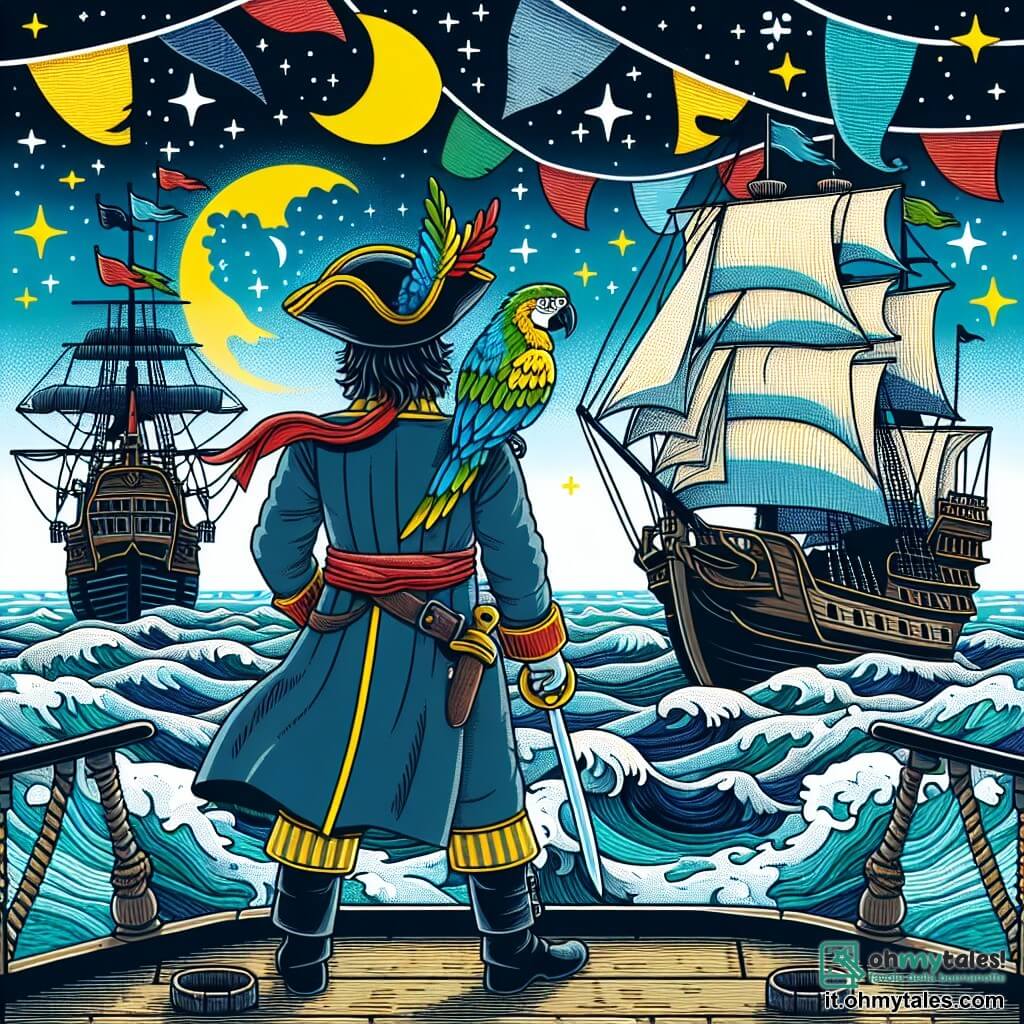 Une illustration destinée aux enfants représentant un valeureux capitaine pirate, debout sur le pont de son navire, observant l'horizon avec son fidèle perroquet perché sur son épaule, surplombant les eaux tumultueuses de l'océan, entouré de voiles colorées et de drapeaux flottants, sous un ciel étoilé scintillant.