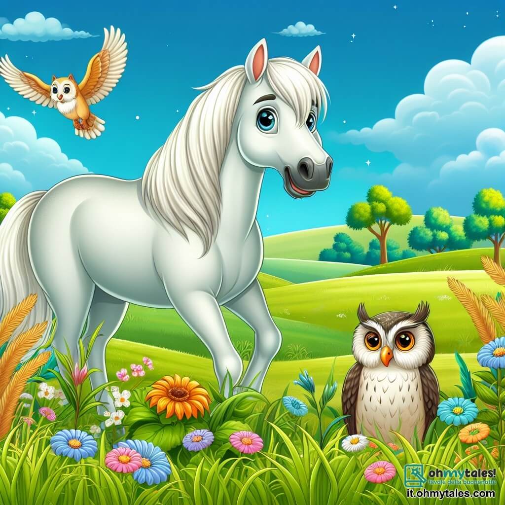 Une illustration destinée aux enfants représentant un magnifique cheval blanc dans une prairie verdoyante, accompagné d'un sage gufo, le tout se déroulant dans une prairie aux herbes hautes et aux fleurs colorées sous un ciel bleu azur.