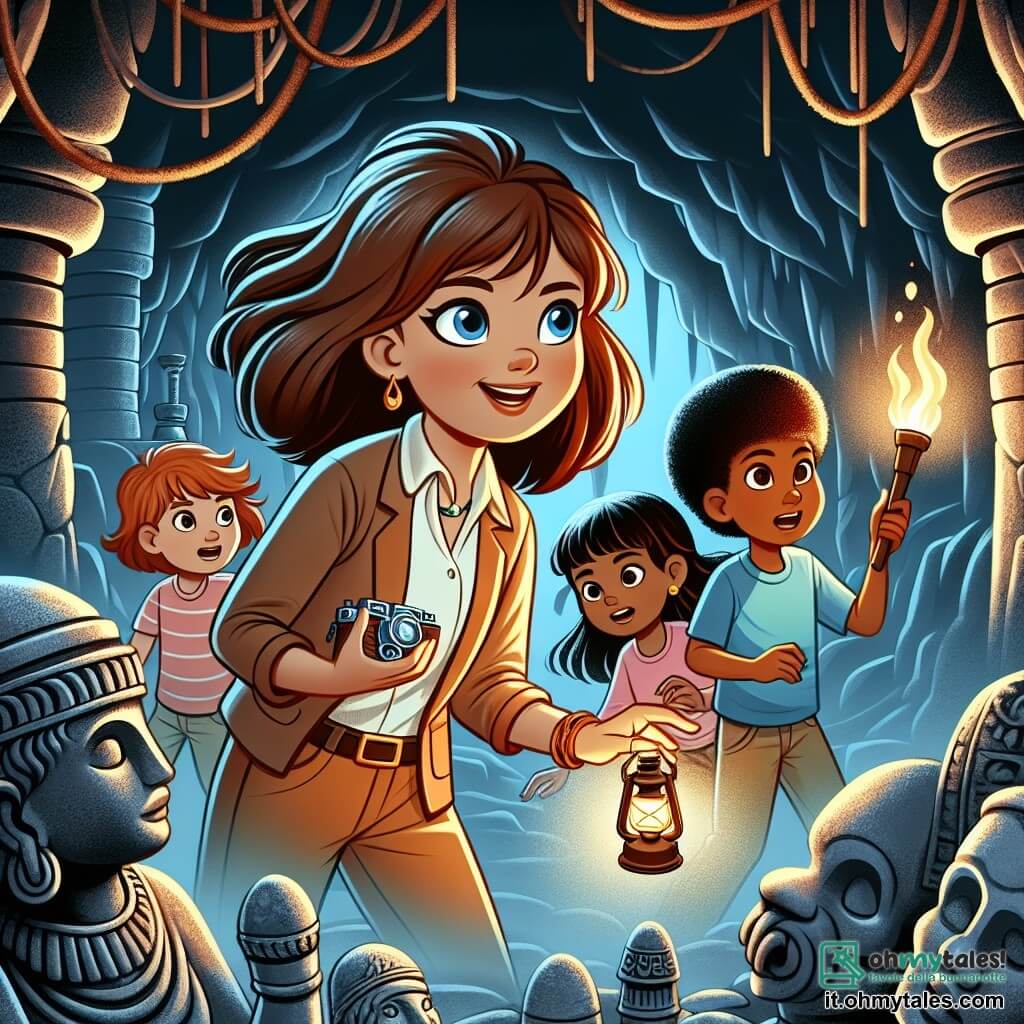 Une illustration destinée aux enfants représentant une jeune archéologue passionnée, accompagnée de trois enfants curieux, explorant une grotte mystérieuse et illuminée par des torches, avec des statues anciennes et des trésors cachés scintillant dans l'obscurité.