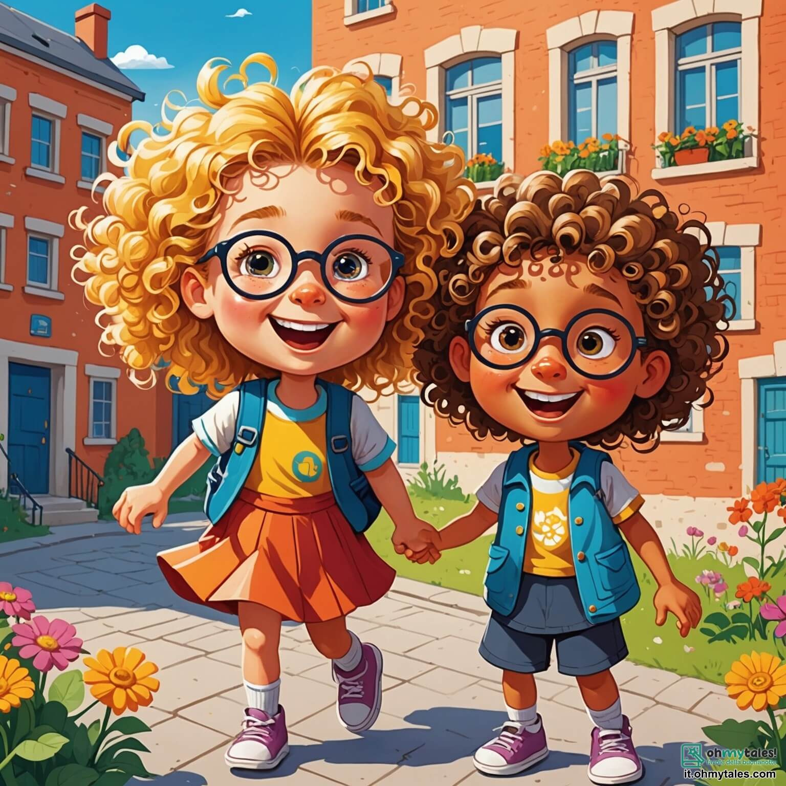 Une illustration destinée aux enfants représentant une petite fille aux cheveux frisés et dorés, pleine de malice, qui se retrouve dans une cour d'école colorée, entourée de murs peints de dessins animés et de fleurs éclatantes, alors qu'elle raconte des histoires hilarantes à son meilleur ami, un garçon aux lunettes rondes et aux cheveux en bataille, tous deux riant aux éclats sous le soleil radieux.